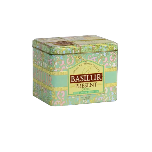 Lata con té verde y sabor Present Green 100 gramos de té en hoja
