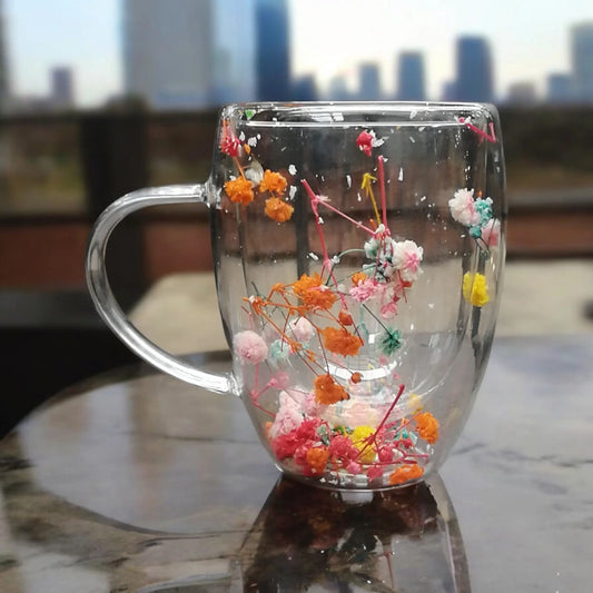 Taza unitaria doble fondo con flores 250 ml