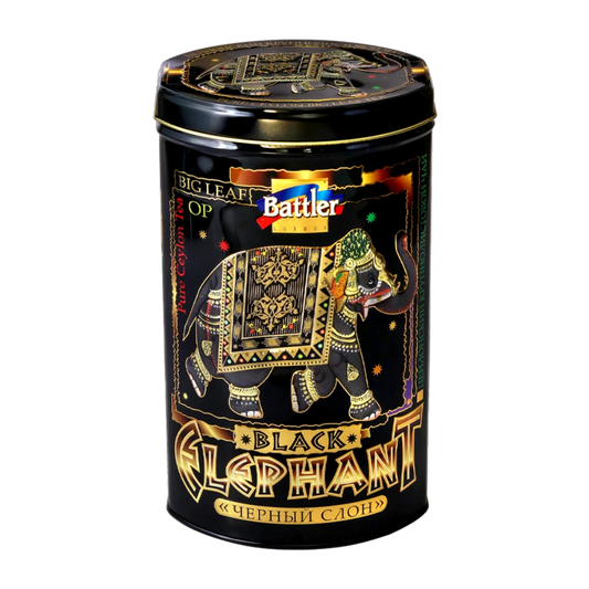 Lata Black Elephant con 200 gramos de té negro OP en hoja