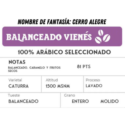 Café en grano Blend Colombia Nicaragua Lavado Balanceado Vienes Cerro Alegre 250 gramos