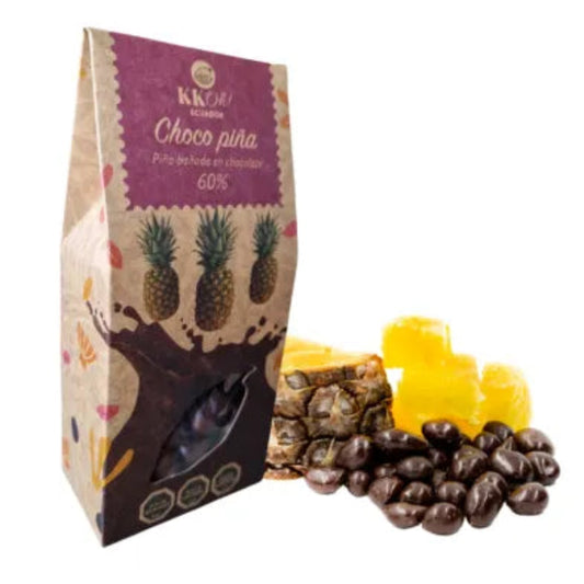 Caja con grageas de piña deshidratada bañados en chocolate 100 gramos