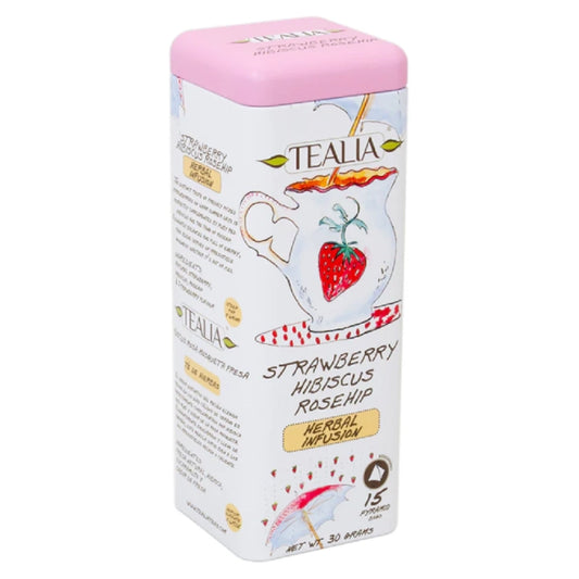 Infusión frutilla, hibisco y rosa mosqueta lata 15 pirámides – Tealia