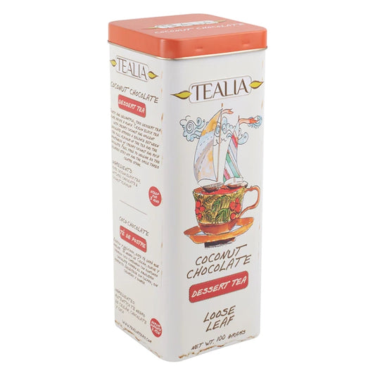 Lata con té negro y sabor Coconut chocolate 100 gramos de té en hoja