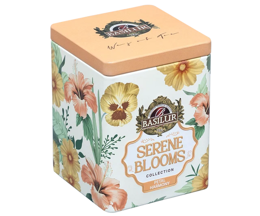 Lata Serene Blooms Petal Harmony con té negro saborizado 75 gramos de té en hoja
