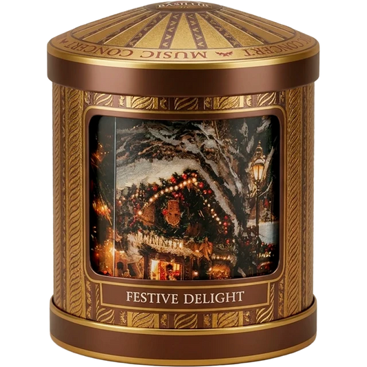 Lata musical con té negro saborizado Festive Delight 75 gramos de té en hoja