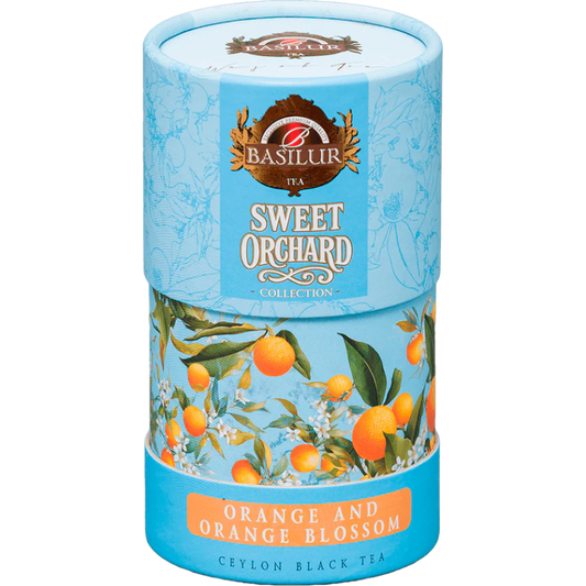 Cilindro con Té negro floral y citrico Sweet Orchard Orange & Blossom 75 gramos de té en hoja