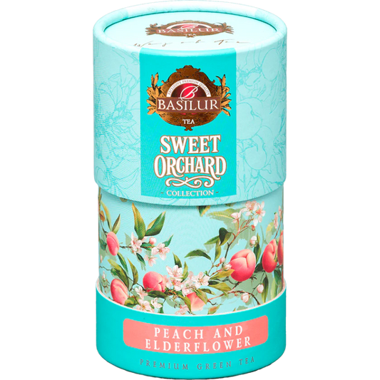 Cilindro con Té verde frutal Sweet Orchard Peach and Elderflower 75 gramos de té en hoja