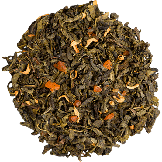Cilindro con Té verde frutal Sweet Orchard Peach and Elderflower 75 gramos de té en hoja