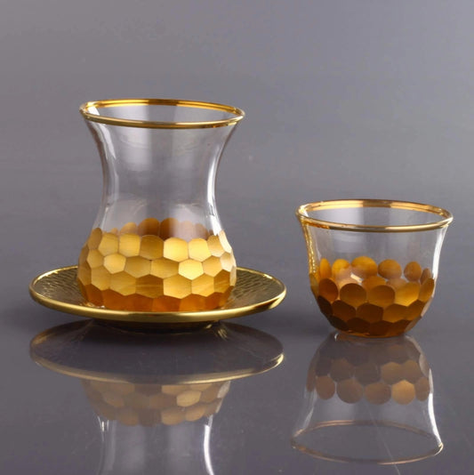 Juego 18 piezas para té turco con vaso pequeño, panal dorado