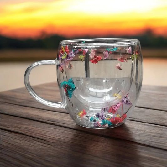 Taza unitaria doble fondo con flores 200 ml